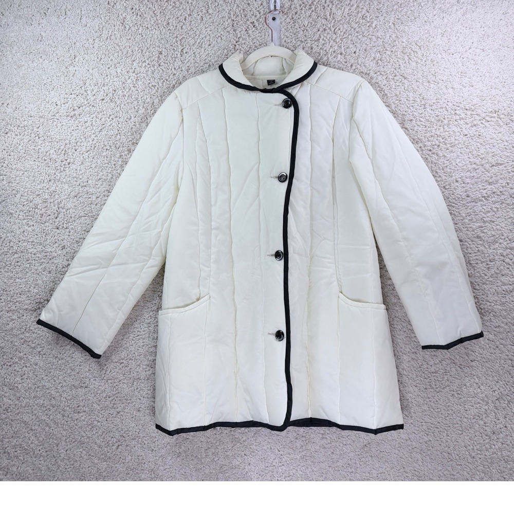 White Bear Vintage Jacket Women Small Butter Cream USA Quilted Black Trim